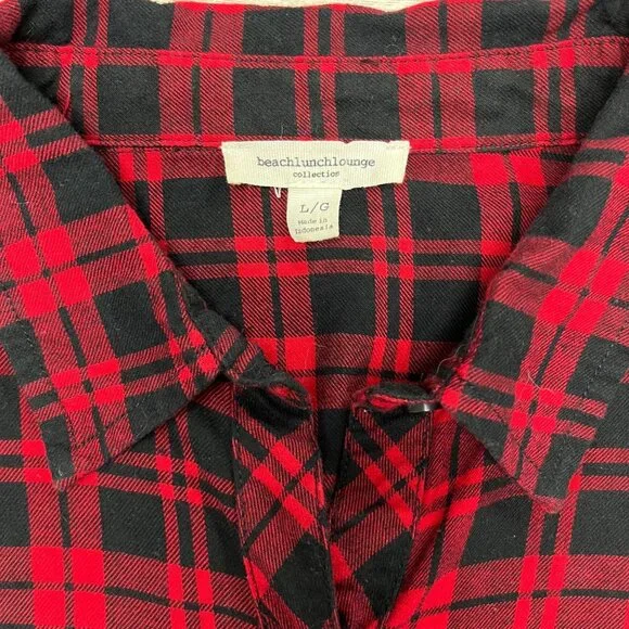 Beach Lunch Lounge SIZE L Red Black Plaid Ruffle Sleeve Button Shirt Top - Picture 3 of 8